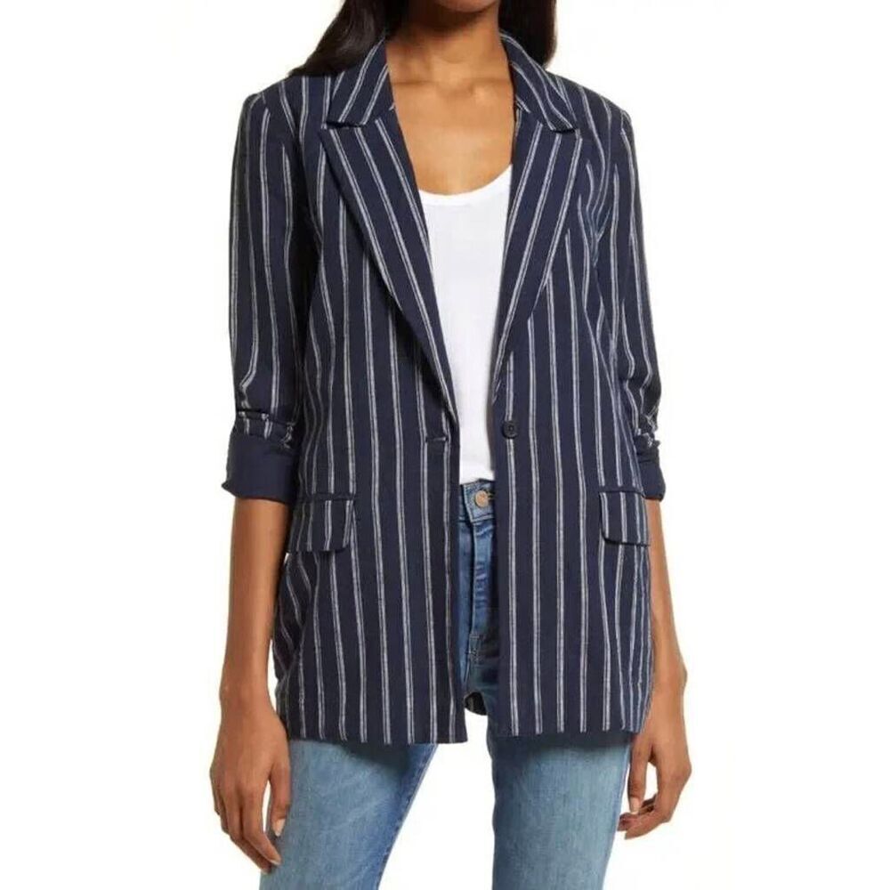Treasure & Bond Womens 3X Plus Size Linen Blend Blue And White Striped Button Cl
